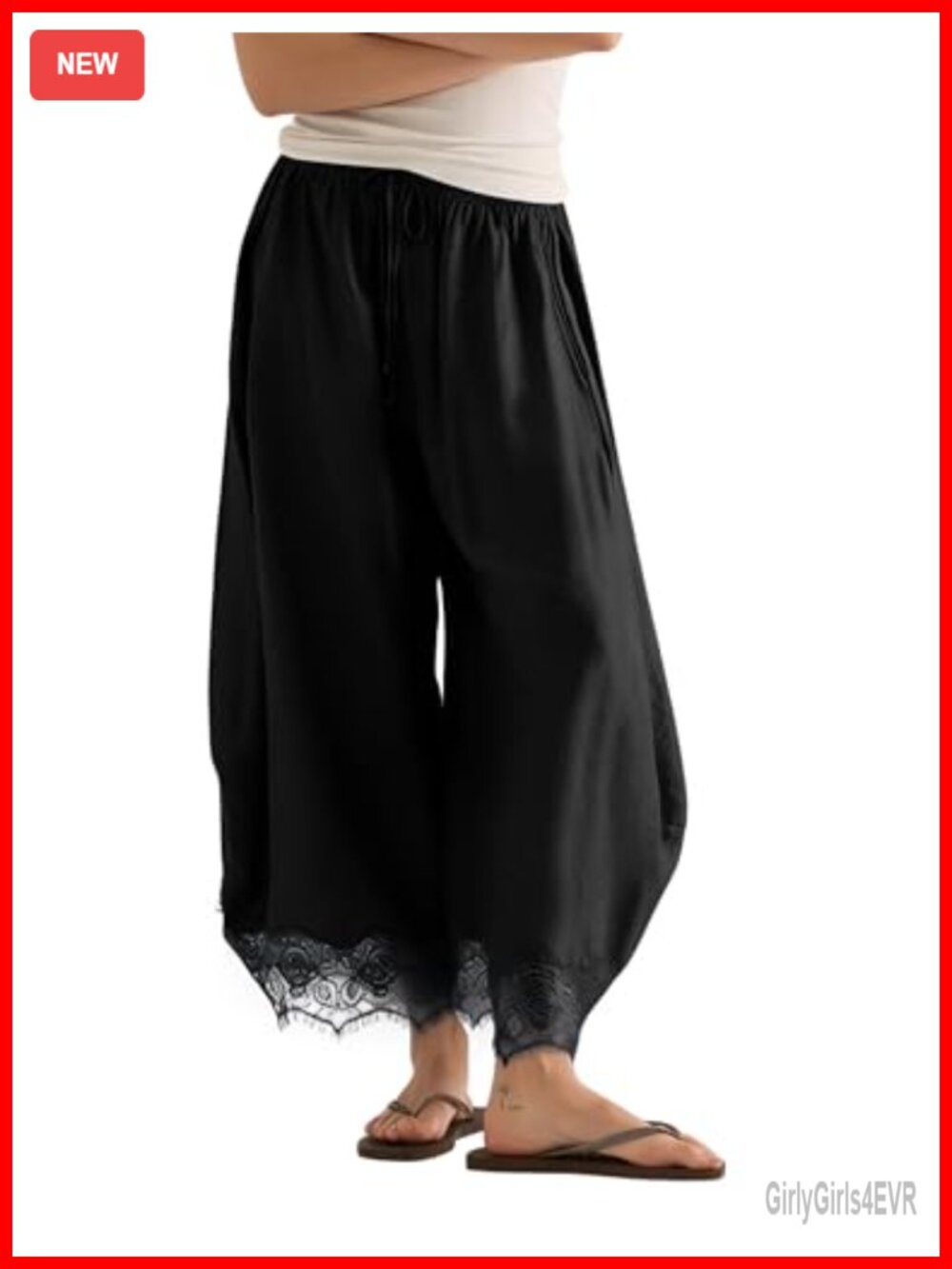 Women's Cropped Lace Hem Wide Leg Drawstring Pants